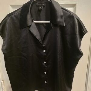 Black Satin Button-Up Blouse